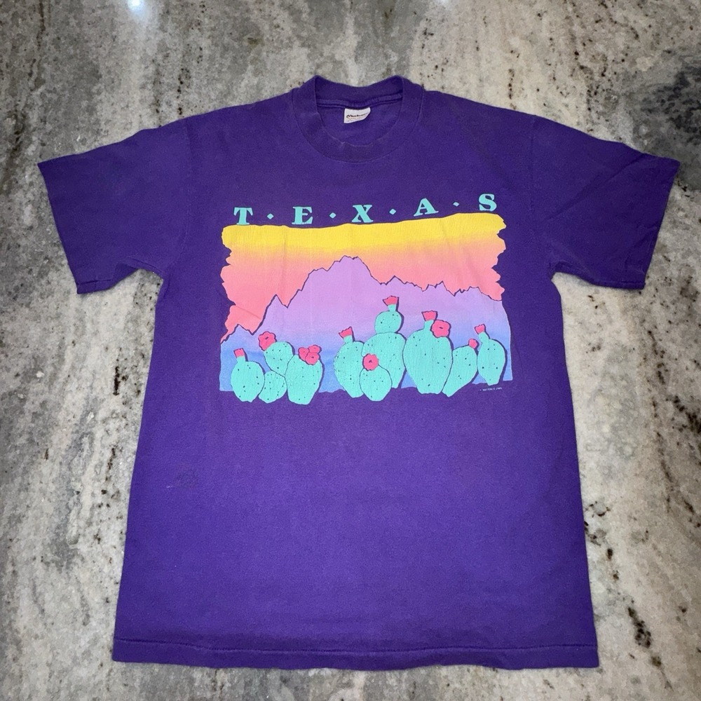 VTG Stedman T Shirt Purple Shirt Texas Cactus Sunset Single Stitch 1989 Sz M USA